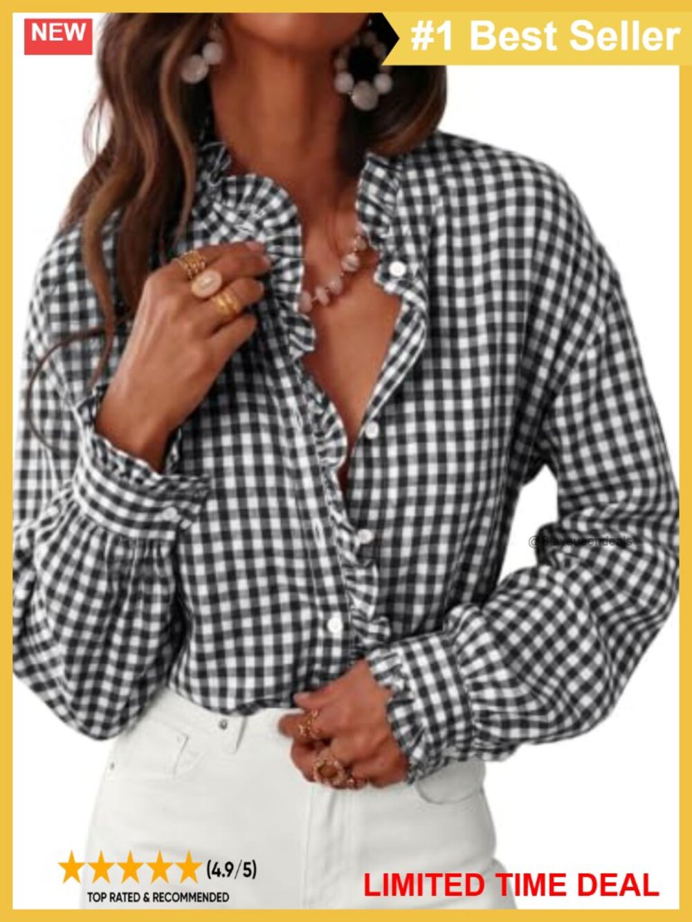 Womens Plaid Ruffle Long Sleeve Button Down Shirt Gingham Blouse